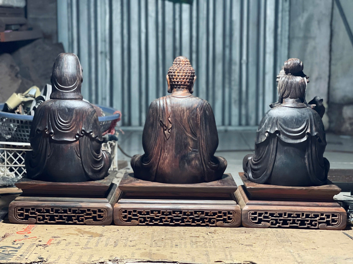 Bộ Tây Phương Tam Thánh Gỗ Trắc Đen Đỏ Cao 31cm