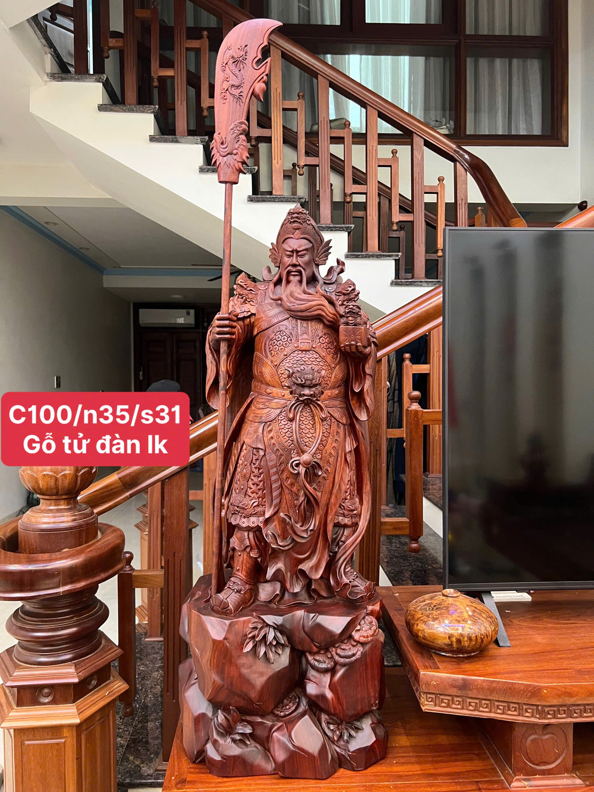 Tượng Phong Thủy Cao Cấp Quan Công Chống Đao Gỗ Tử Đàn Liền Khối