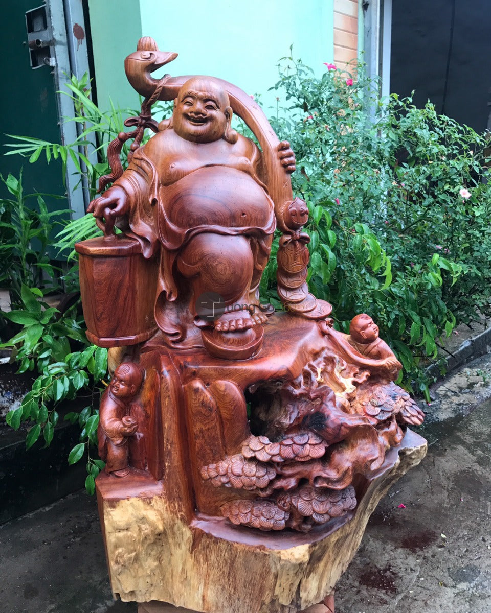 Tượng Di Lặc Vác Gậy Như Ý - Lồng Đèn Gỗ Hương
