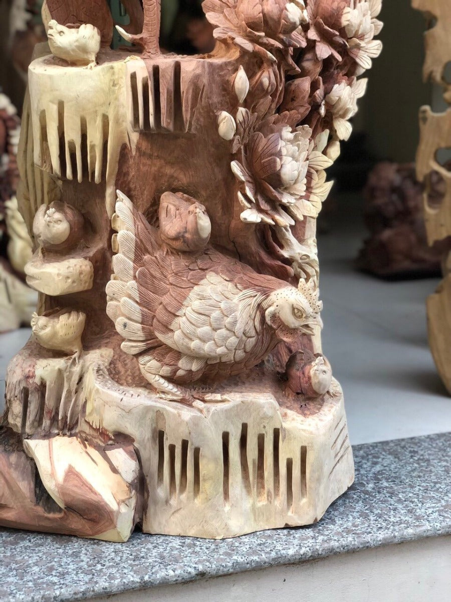 Tượng Gỗ Gia Đình Gà - Phù Dung Tài Lộc