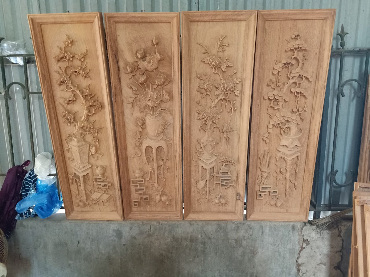 Tranh Gỗ Tứ Bình - Mai Sen Cúc Tùng - Gỗ Gõ