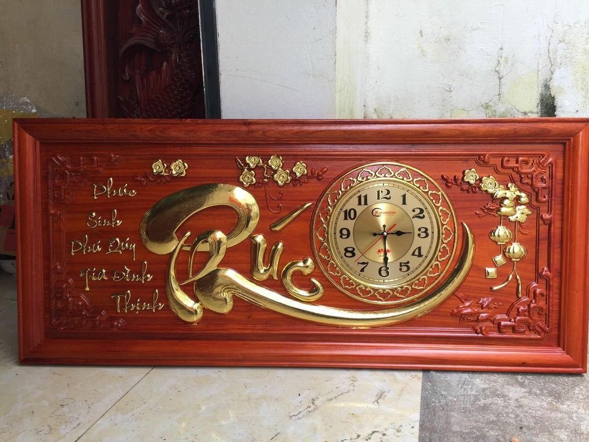 Tranh Đồng Hồ Gỗ Chữ Phúc Thư Pháp Dát Vàng