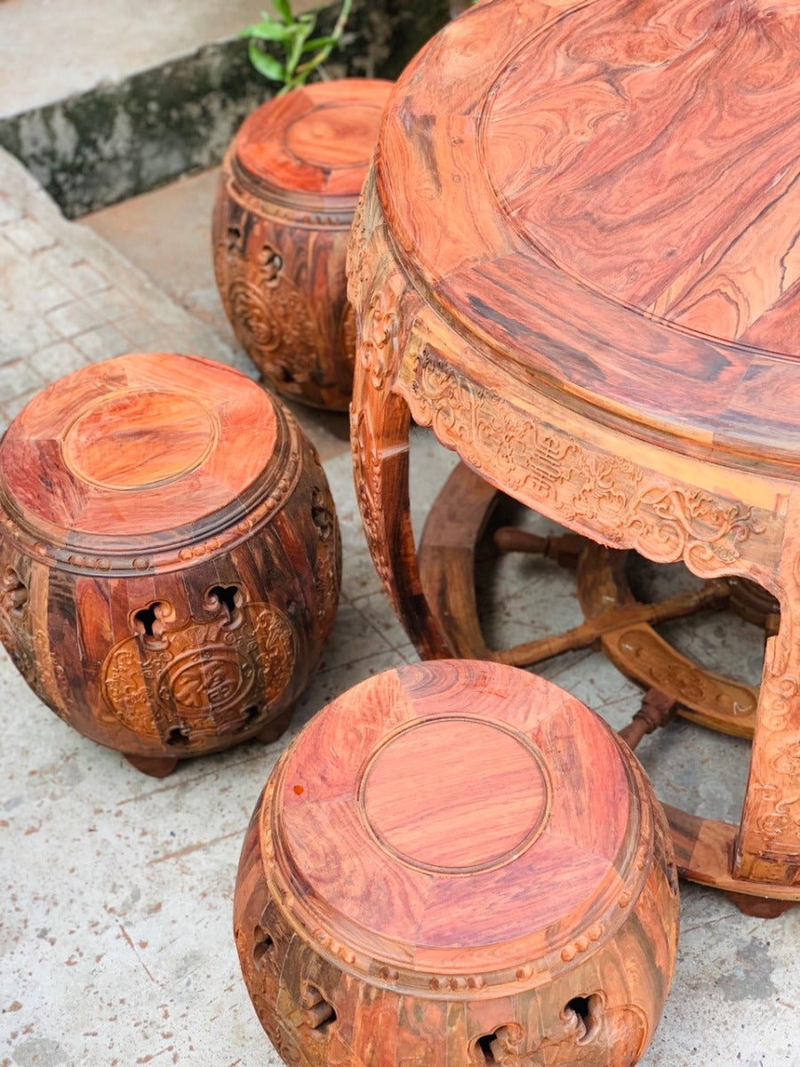 Bộ Trống Bàn Tròn Gỗ Trắc Lào 6 Đôn