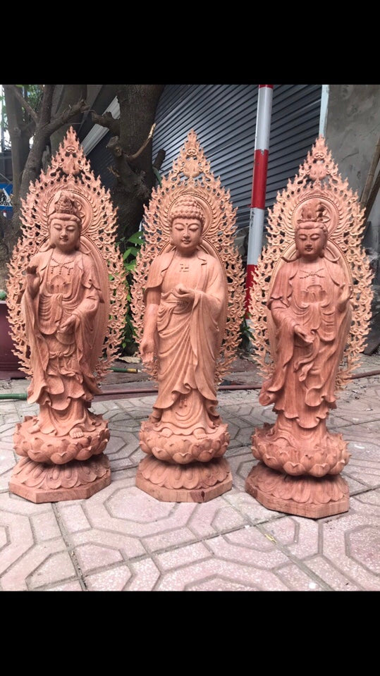 Tượng Gỗ Tây Phương Tam Thánh Đứng Đài Sen Cao 70