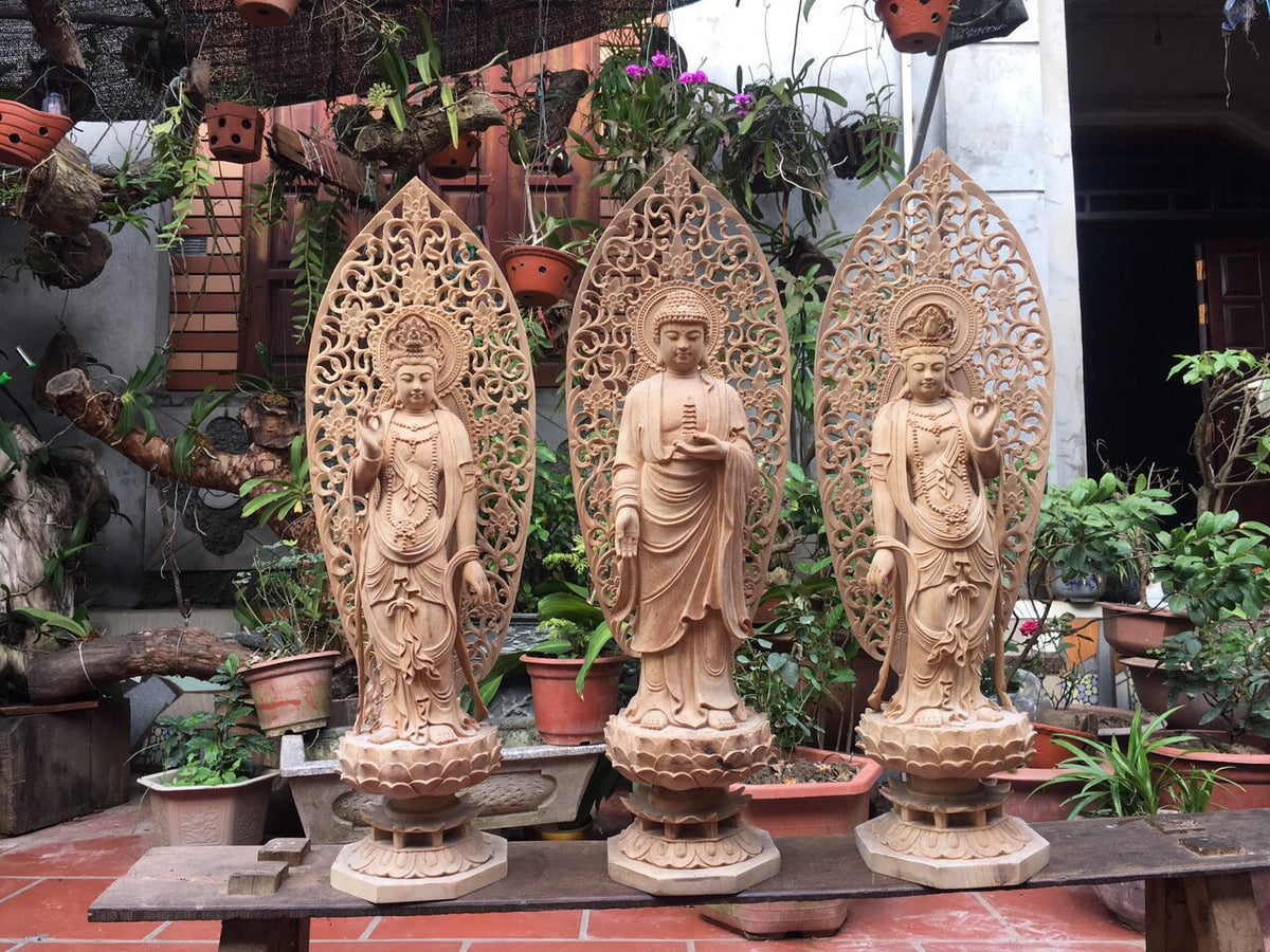 Tượng Phật Tam Thánh Đứng Đài Sen Có Lá Đề Cao 50