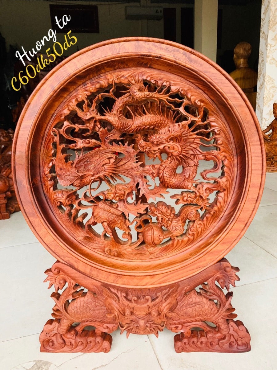 Đĩa Tứ Linh Long Lân Quy Phụng Gỗ Hương