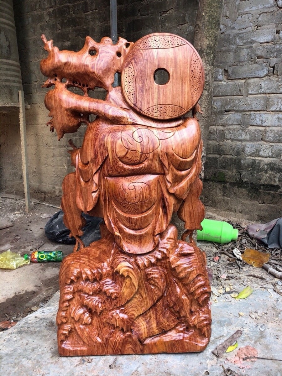 Tượng Gỗ Di Lặc Đào Đứng Trên Hoa Sen