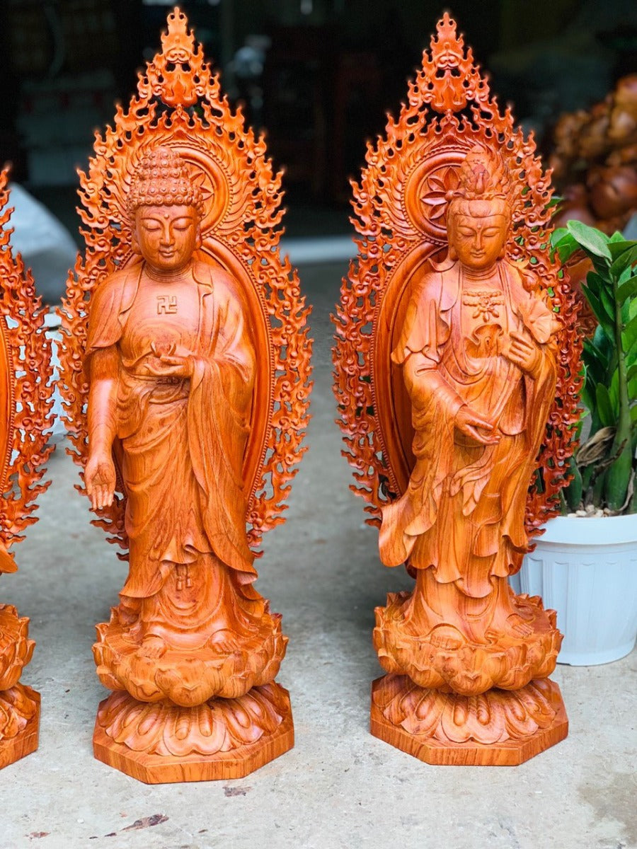 Tượng Phật Tây Phương Tam Thánh Gỗ Hương Cao 60 Có Lá Đề