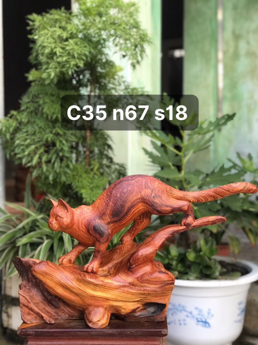 Tượng Linh Vật Mèo Gỗ Cẩm