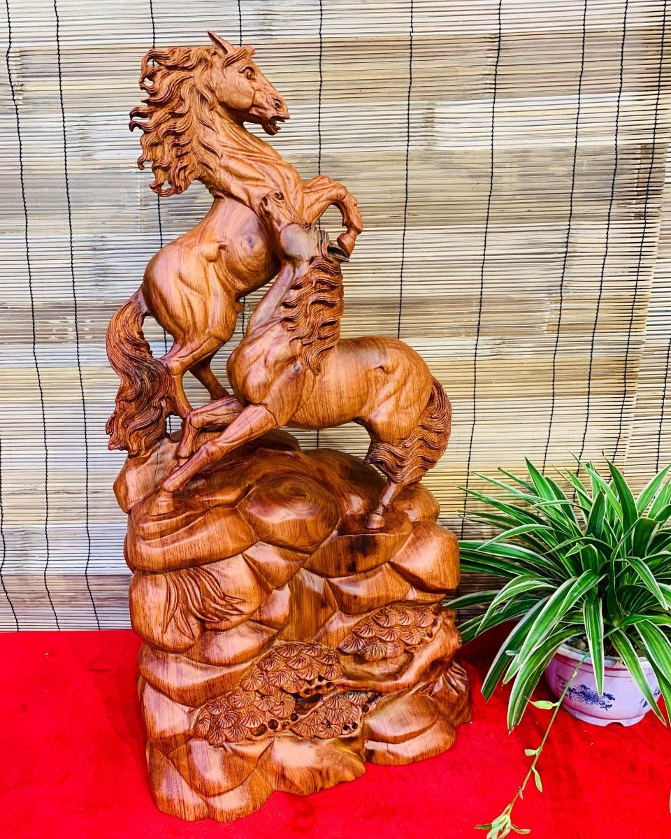 Tượng Song mã Uyên ương gỗ hương đá