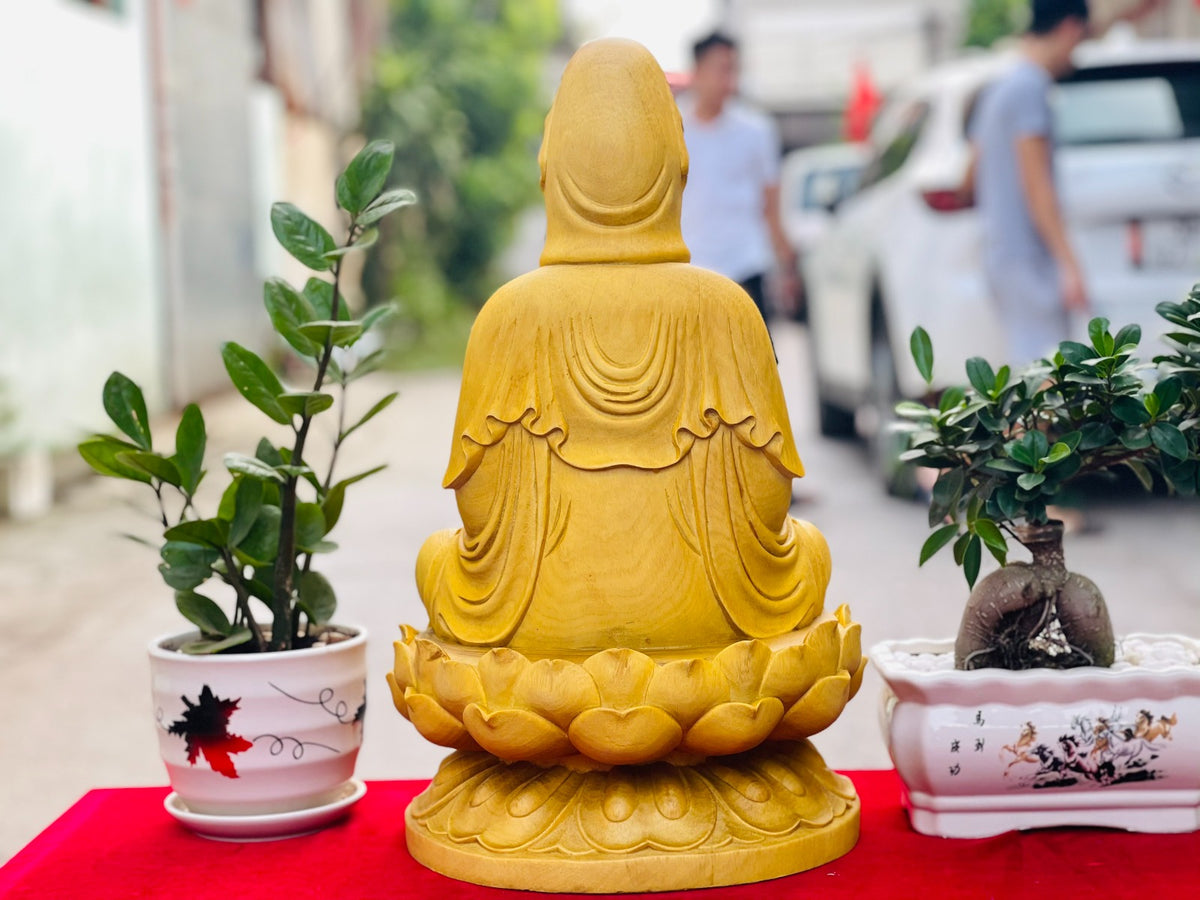 Tượng Quan Âm Tọa Đài Sen Gỗ Gõ Vàng Cao 50cm
