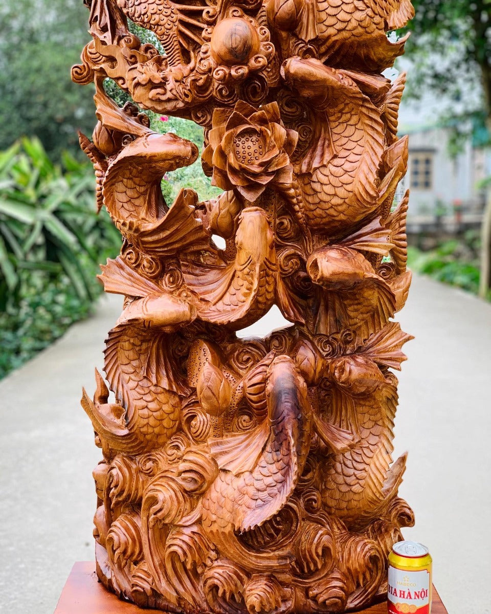 Cửu Ngư Hóa Rồng - Gỗ Ngọc Am Cao 190cm