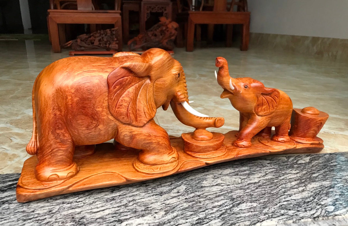 Cặp Voi Mẫu Tử Gỗ Hương Cao 26cm