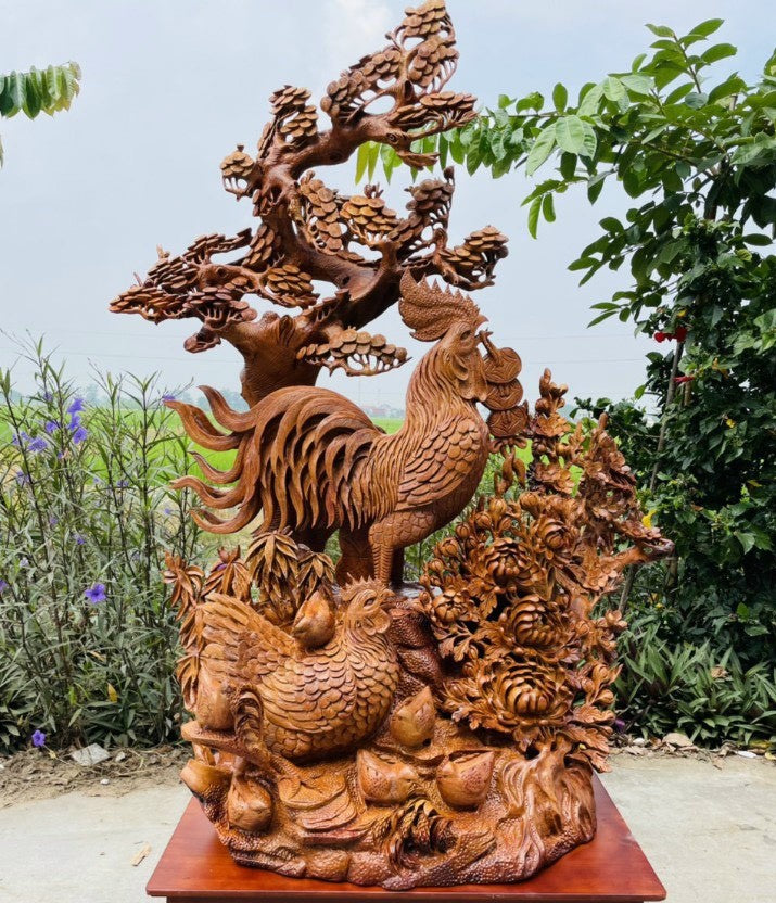 Tượng Gia Đình Gà 4 Mùa Hoa Phù Dung - Gỗ Hương Việt Cao 155cm
