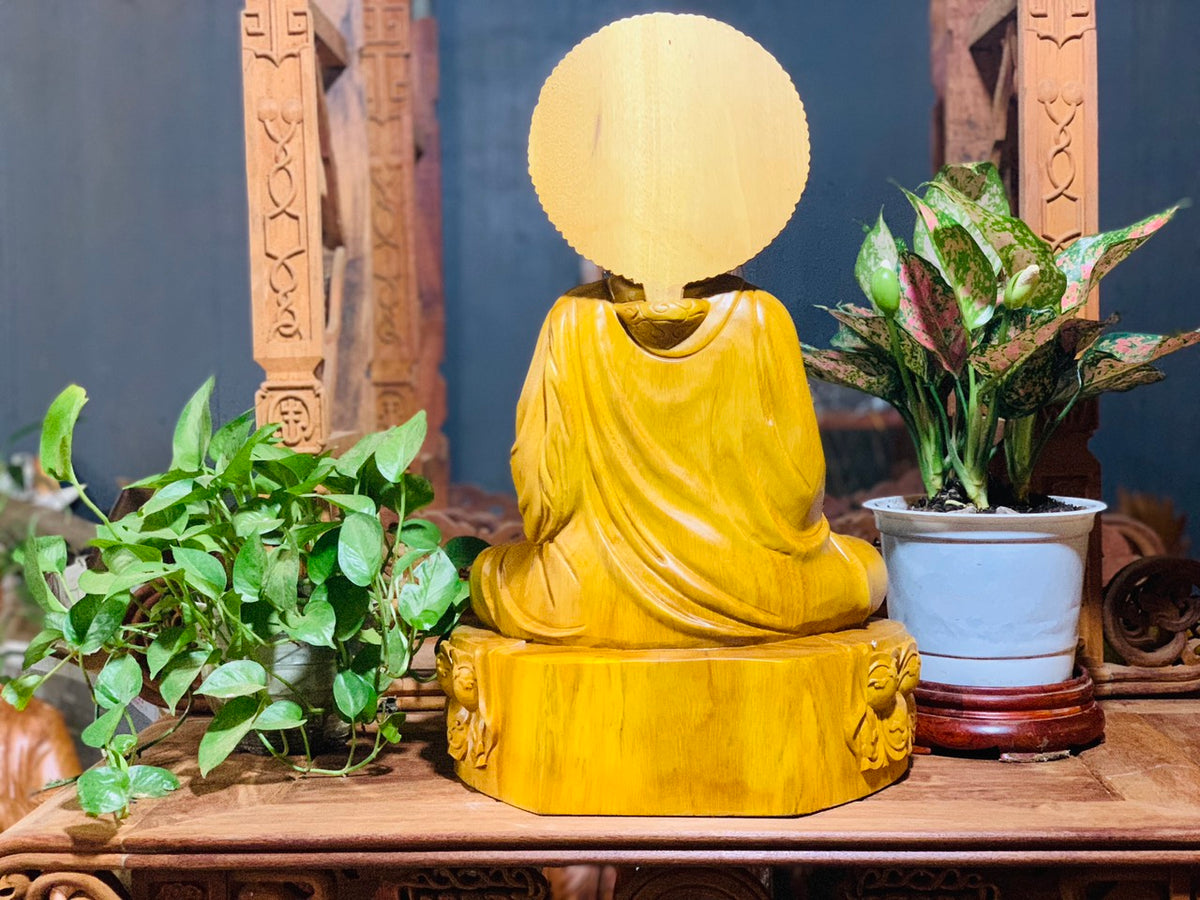 Tượng Phật Thích Ca Ngồi Đài Sen - Gỗ Gõ Vàng Sáng Ngời