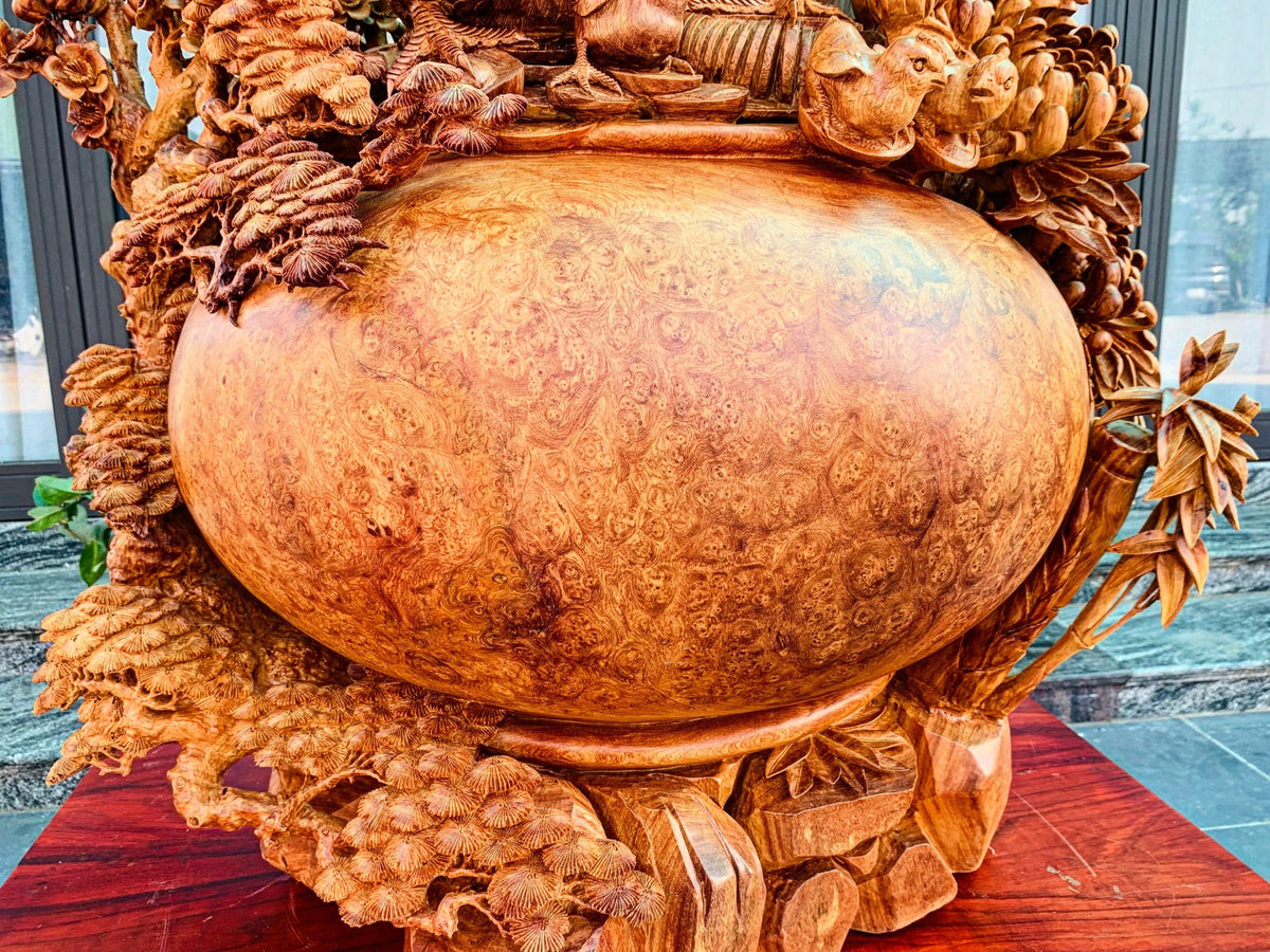 Tượng Gia Đình Gà 4 Mùa Sung Túc - Gỗ Nu Hương Tuyệt Phẩm Cao 120cm
