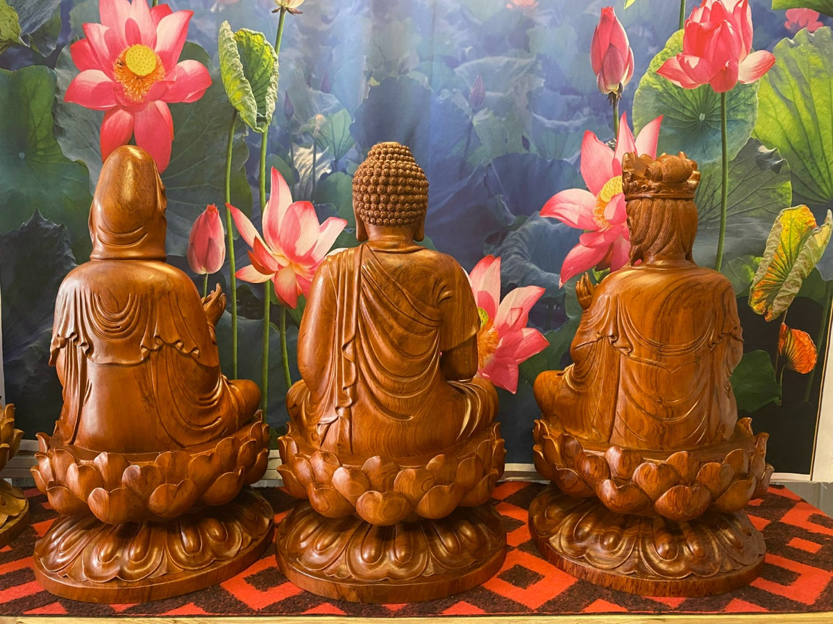 Tượng Tây Thiên Tam Thánh Phật Tọa Thiền Trên Đài Sen - Gỗ Hương Cao 60cm