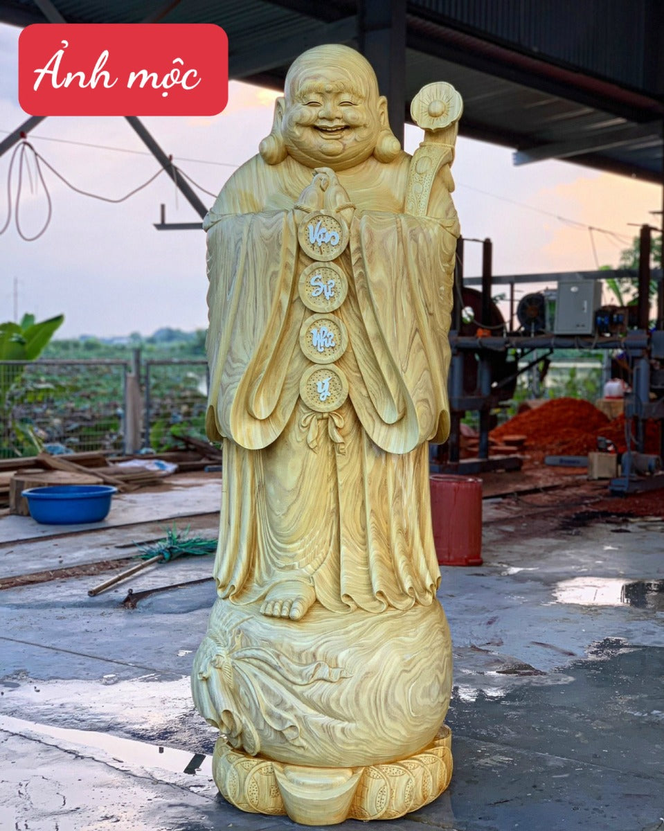 Tượng Phật Di Lặc Chúc Phúc Cầm Gậy Như Ý - Gỗ Cẩm Vàng Cao 1m9