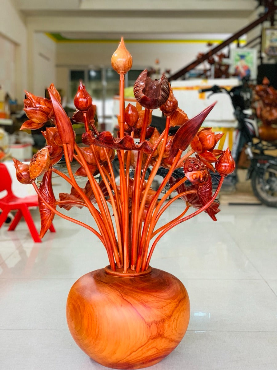 Bình Hoa Sen 25 Cành Để Bàn Thờ Và Phòng Khách - Gỗ Hương Đỏ