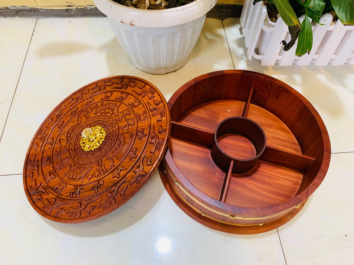 Khay Hộp Đựng Bánh Kẹo Mứt Tết Trống Đồng Đông Sơn - Gỗ Hương Đỏ