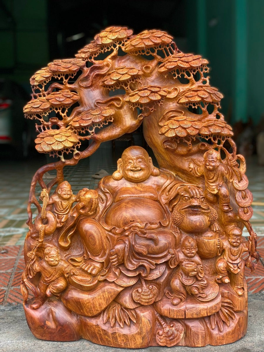 Tượng Di Lặc Ngũ Phúc Ngồi Gốc Tùng Cổ Thụ - Gỗ Hương Gia Lai