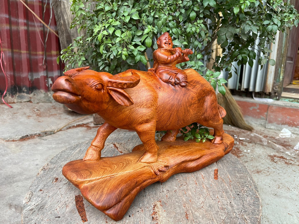 Tượng Tiểu Đồng Cưỡi Trâu gỗ Hương Ta