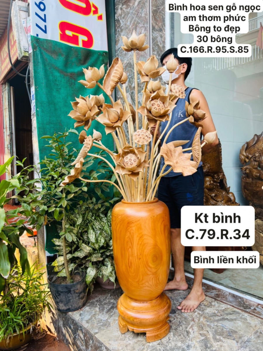 Bình Hoa Sen Gỗ Ngọc Am 30 Bông - Bình Cao 79