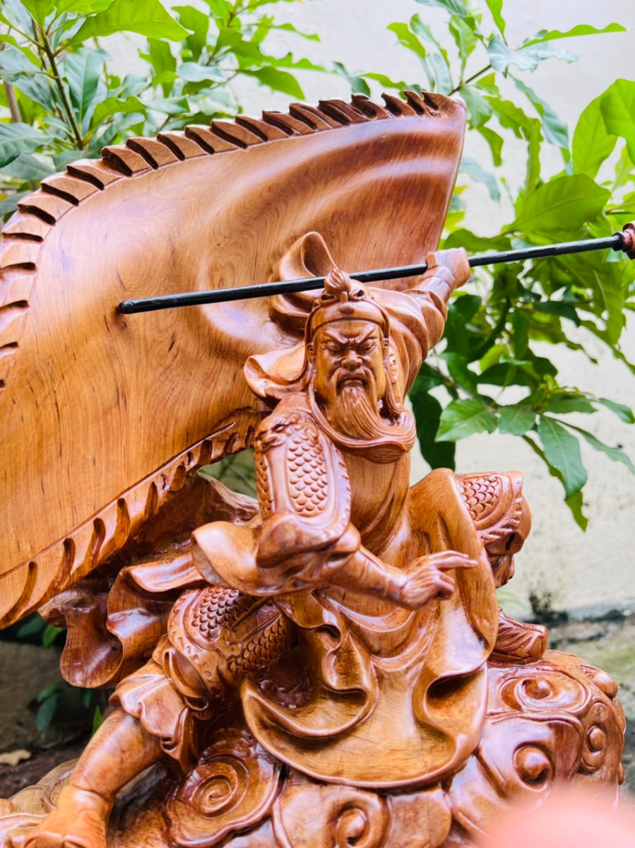 Tượng Quan Công Múa Võ Hàng Đục Tay Cao 52cm Gỗ Bách Xanh