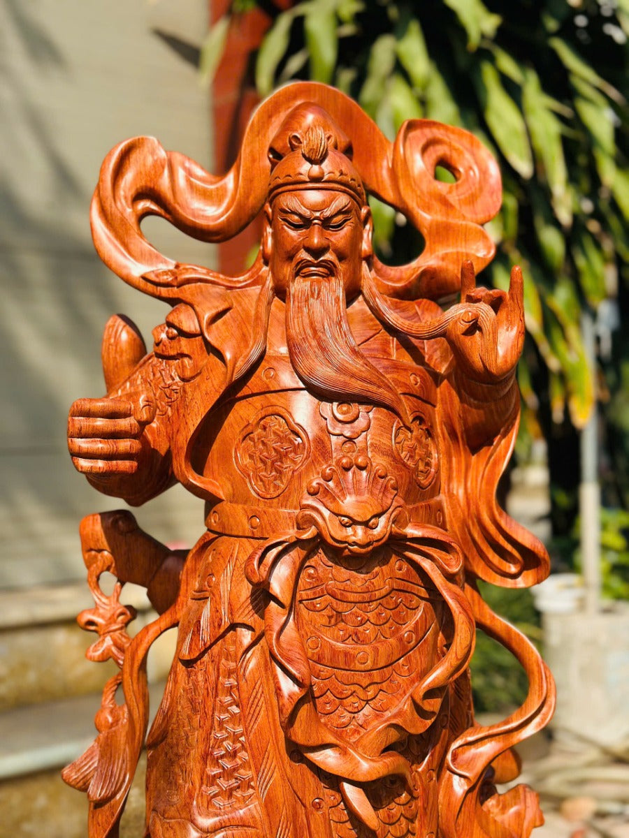 Tượng Quan Công Gỗ Hương Đứng Chống Đao - Cao 120cm