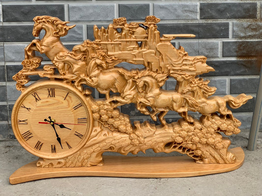Đồng Hồ Trang Trí Để Bàn Hình Ngựa Bát Mã  Bằng Gỗ Pơ Mu