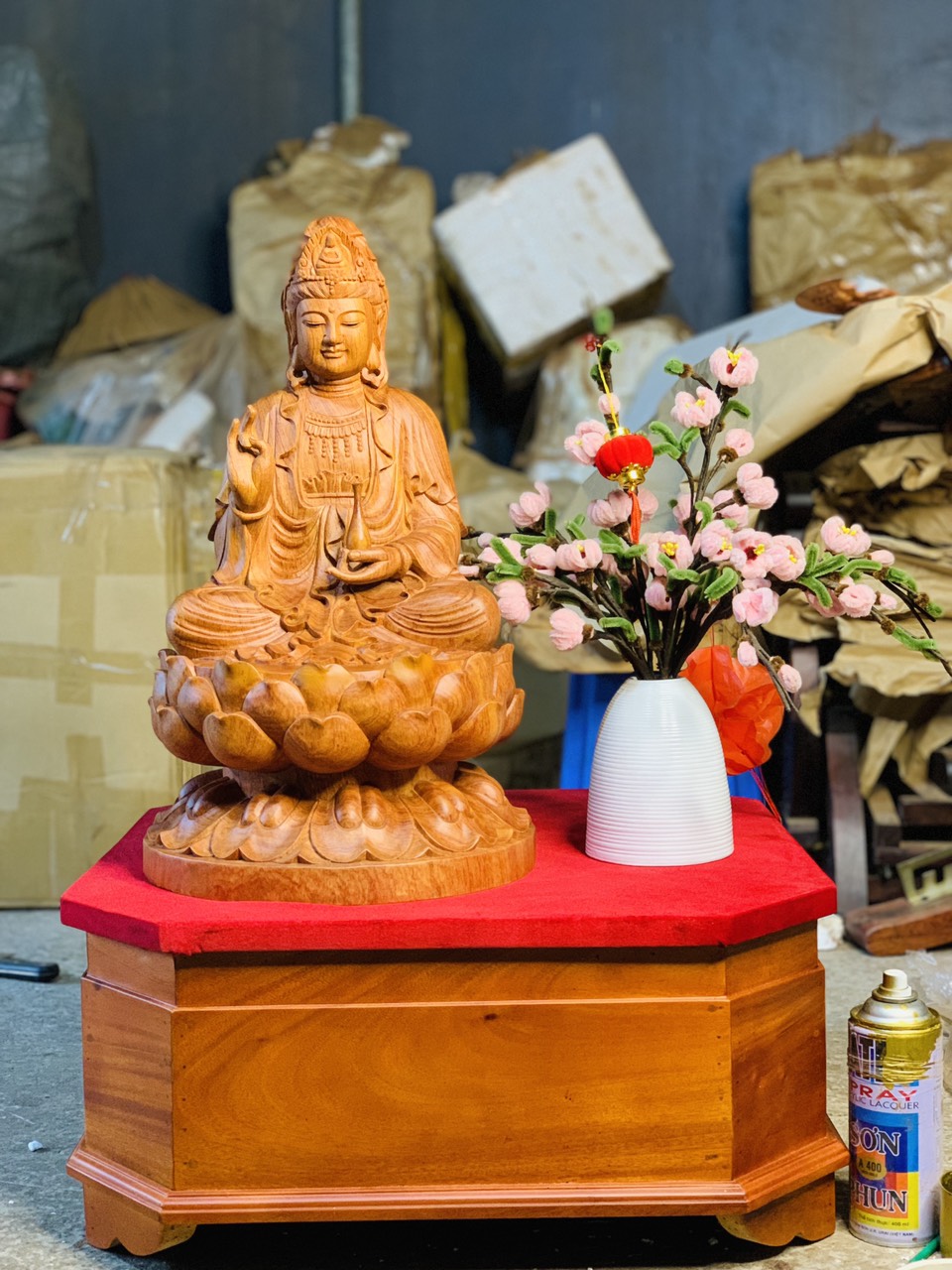 Tượng Gỗ Quan Âm Ngồi Đài Sen Cao 50cm