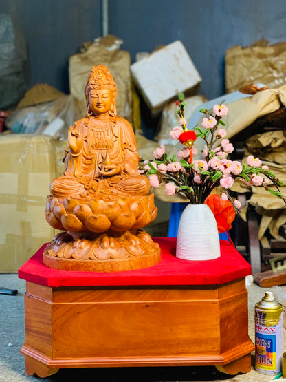 Tượng Gỗ Quan Âm Ngồi Đài Sen Cao 50cm