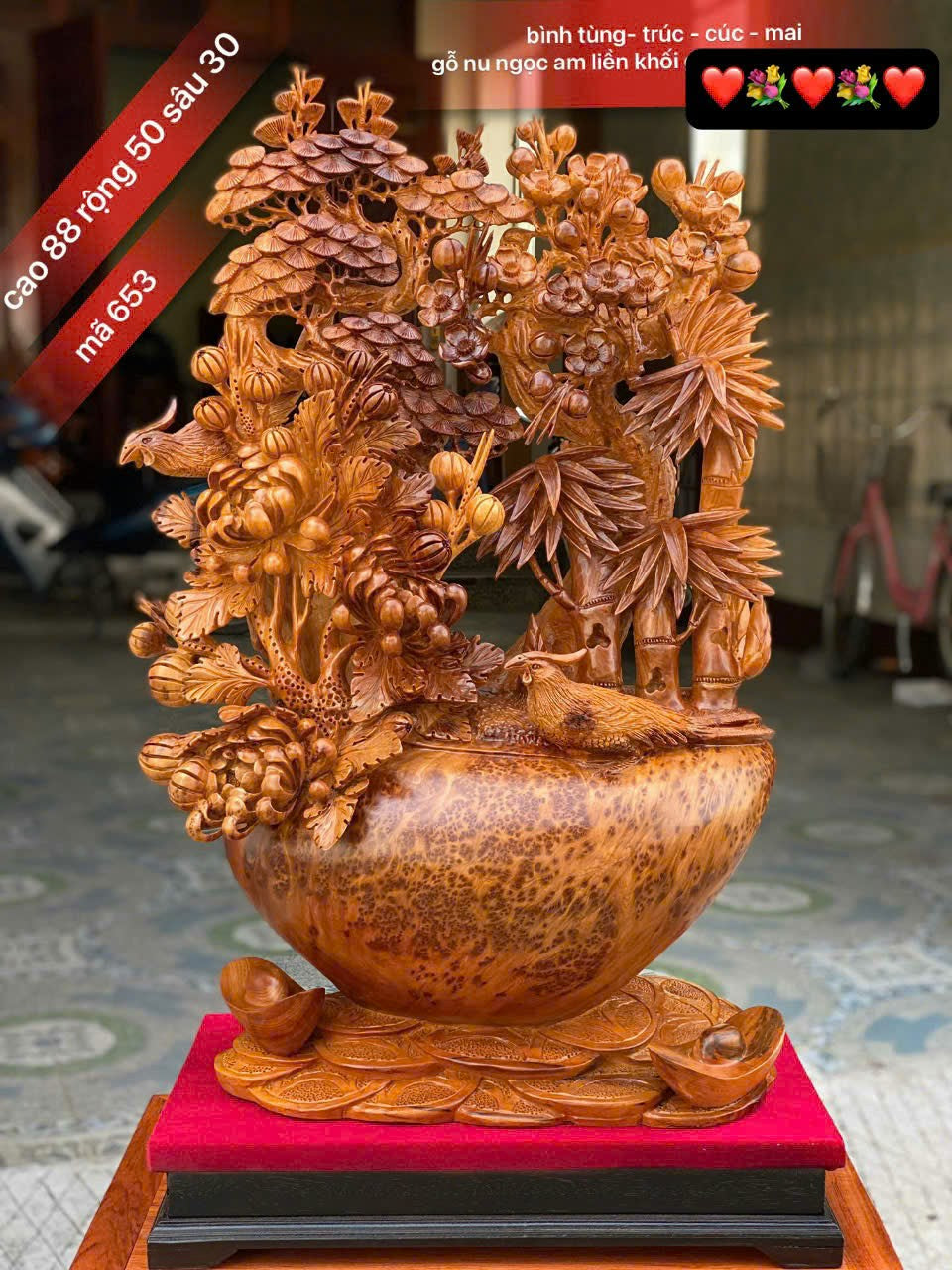 Tiểu Cảnh Bình Tứ Quý Gỗ Nu Ngọc Am - Kích Thước Cao  88cm