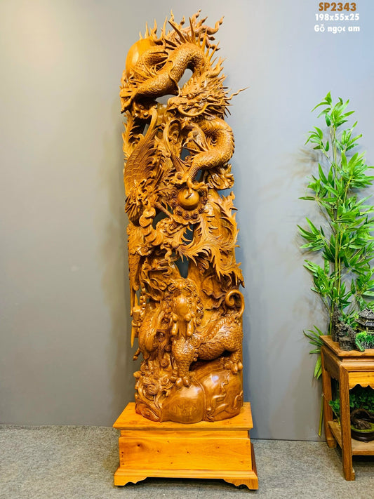 Tượng Gỗ Tứ Linh Tài Lộc Thăng Tiến Ngọc Am Cao 198cm