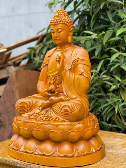 Tượng Phật Dược Sư  Ngồi Đài Sen Gỗ Gõ Vàng - Cao 61cm