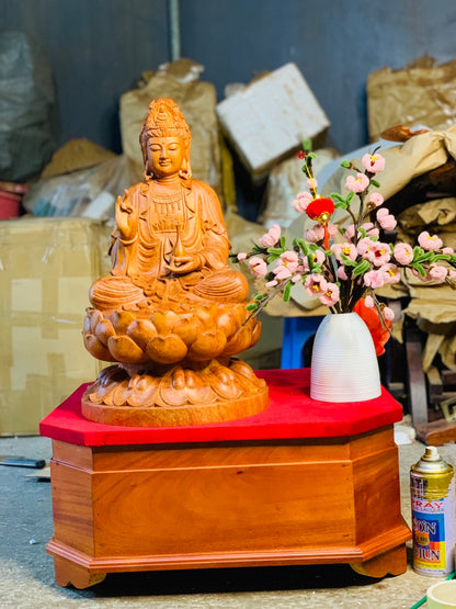 Tượng Gỗ Quan Âm Ngồi Đài Sen Cao 50cm