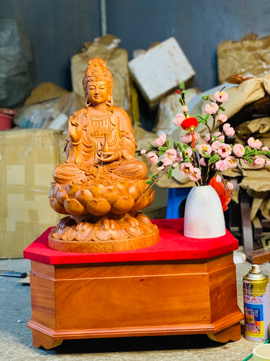 Tượng Gỗ Quan Âm Ngồi Đài Sen Cao 50cm