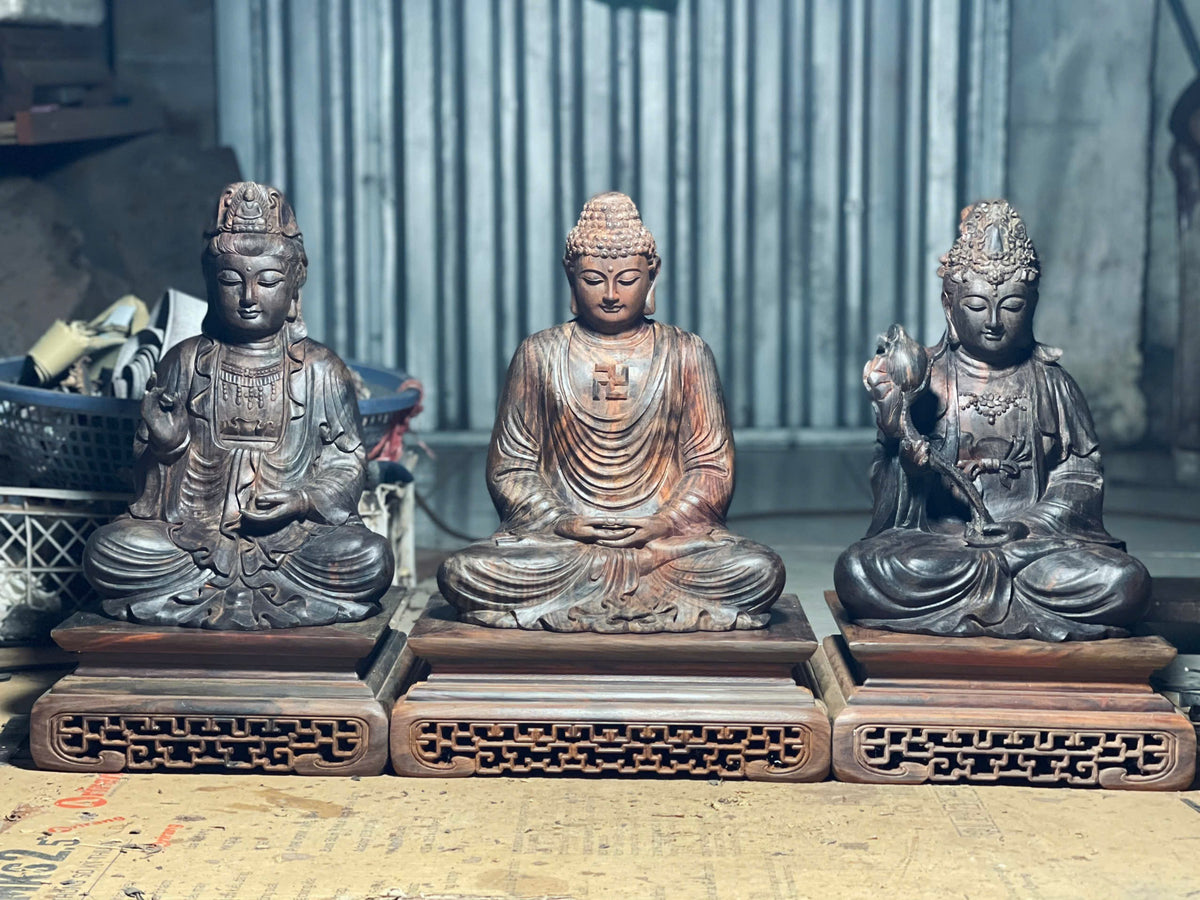 Bộ Tây Phương Tam Thánh Gỗ Trắc Đen Đỏ Cao 31cm