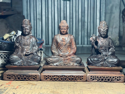 Bộ Tây Phương Tam Thánh Gỗ Trắc Đen Đỏ Cao 31cm