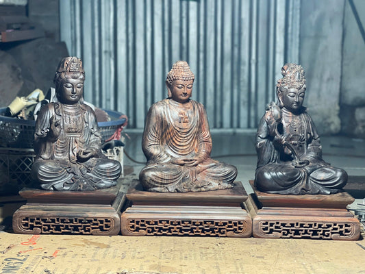 Bộ Tây Phương Tam Thánh Gỗ Trắc Đen Đỏ Cao 31cm