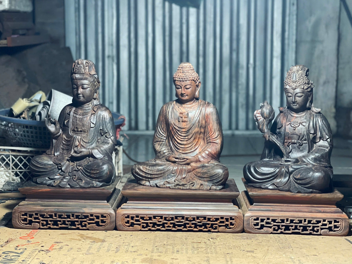 Bộ Tây Phương Tam Thánh Gỗ Trắc Đen Đỏ Cao 31cm