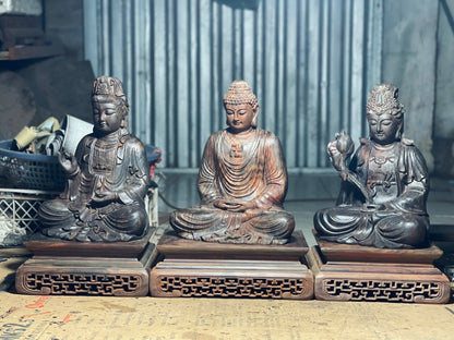 Bộ Tây Phương Tam Thánh Gỗ Trắc Đen Đỏ Cao 31cm