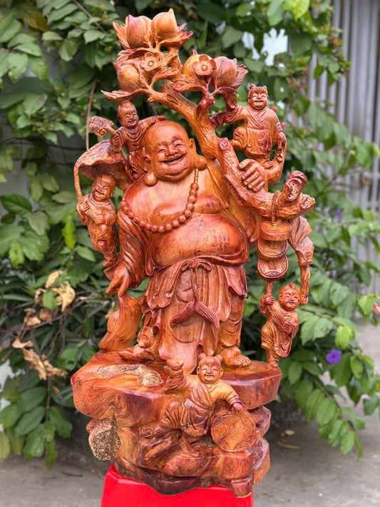 Tượng Cụ Di Lặc Ngũ Phúc Vác Đào - Gỗ Hương Ta, Liền Khối 98cm
