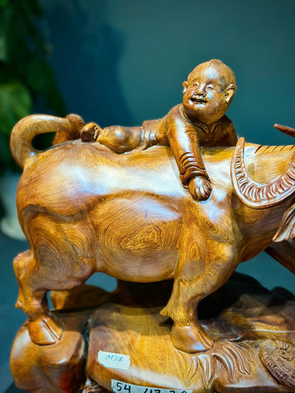 Tượng Tiểu Đồng Chăn Trâu Gỗ Hương Ta - Nguyên Khối
