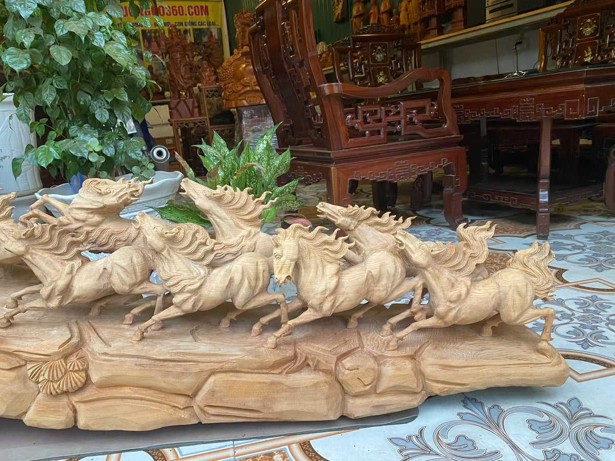 Tượng Bát Mã Truy Phong Gỗ Ngọc Am Ngang 130cm