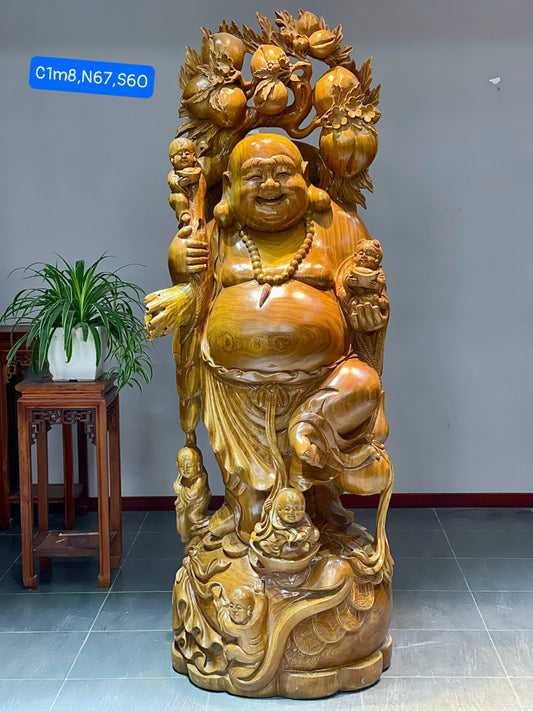Tượng Di Lặc Vác Đào Ngũ Phúc Phong Thuỷ - Gỗ Cẩm Vàng -  Cao 1m8