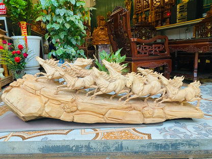 Tượng Bát Mã Truy Phong Gỗ Ngọc Am Ngang 130cm
