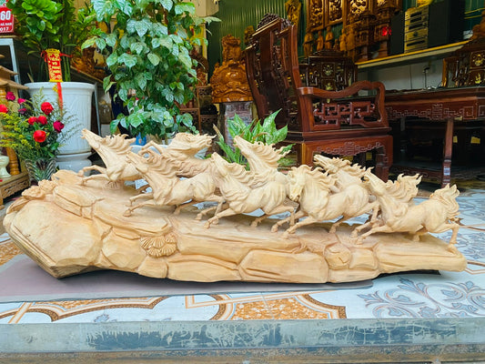 Tượng Bát Mã Truy Phong Gỗ Ngọc Am Ngang 130cm