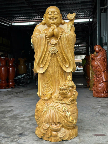 Tác Phẩm Tượng Di Lặc Chúc Phúc Chạm Tiểu Đồng Và Nghê - Gỗ Cẩm Vàng Cao 1m8