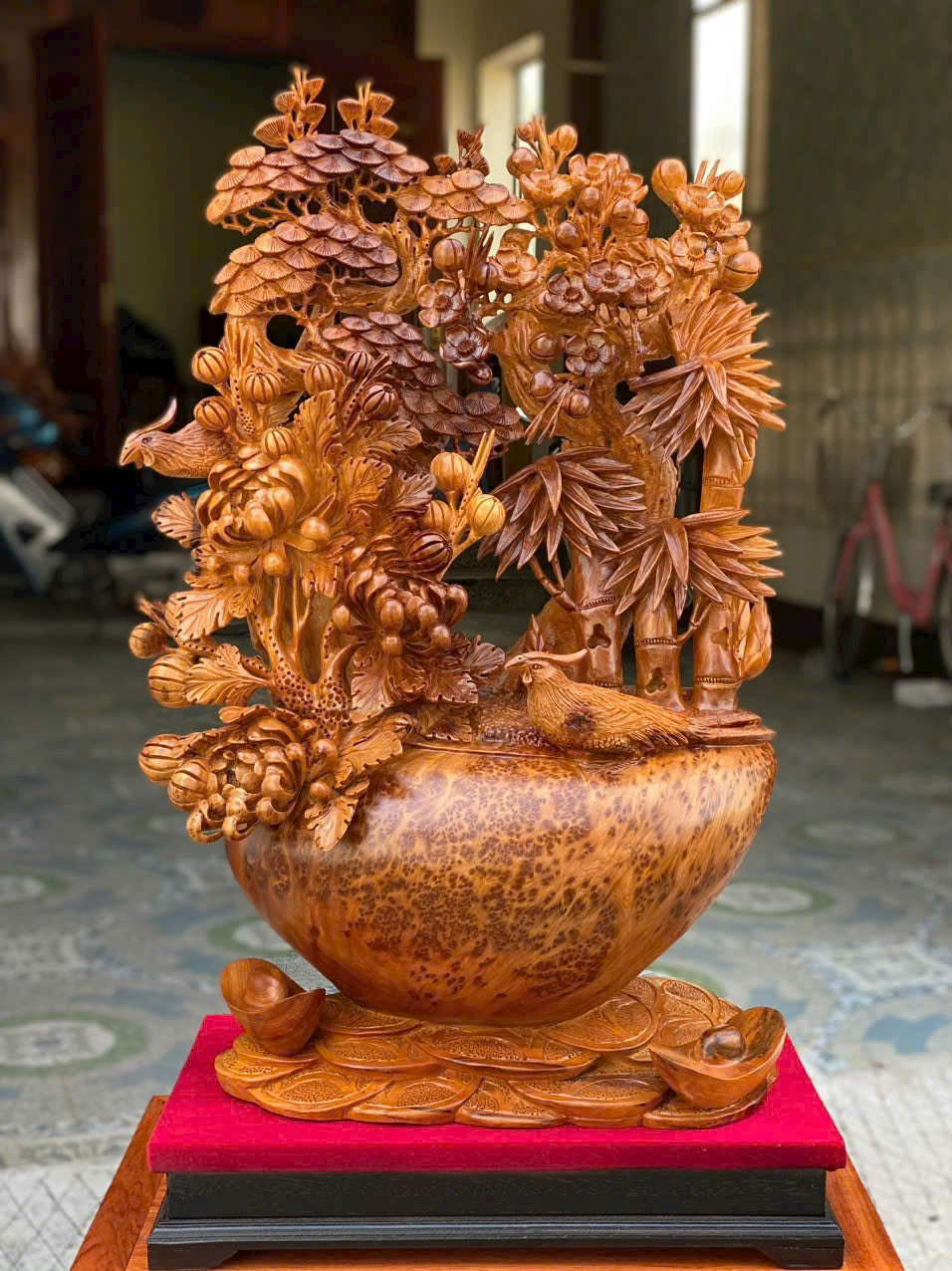 Tiểu Cảnh Bình Tứ Quý Gỗ Nu Ngọc Am - Kích Thước Cao  88cm